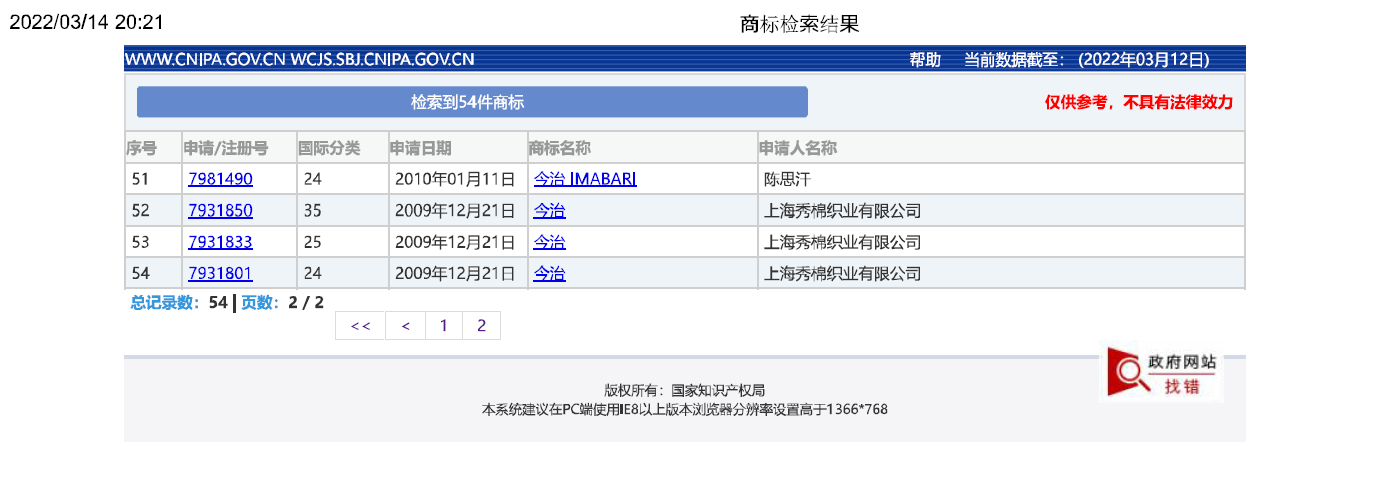 中国国家知識産権局「今治」2/2